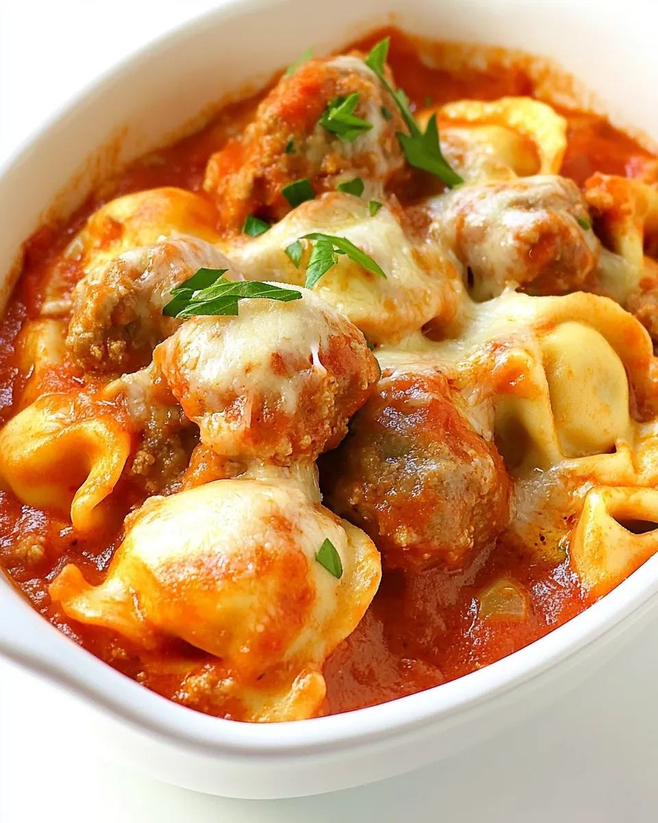 Delicious One Pot Cheesy Tortellini and Meatballs Recipe image
