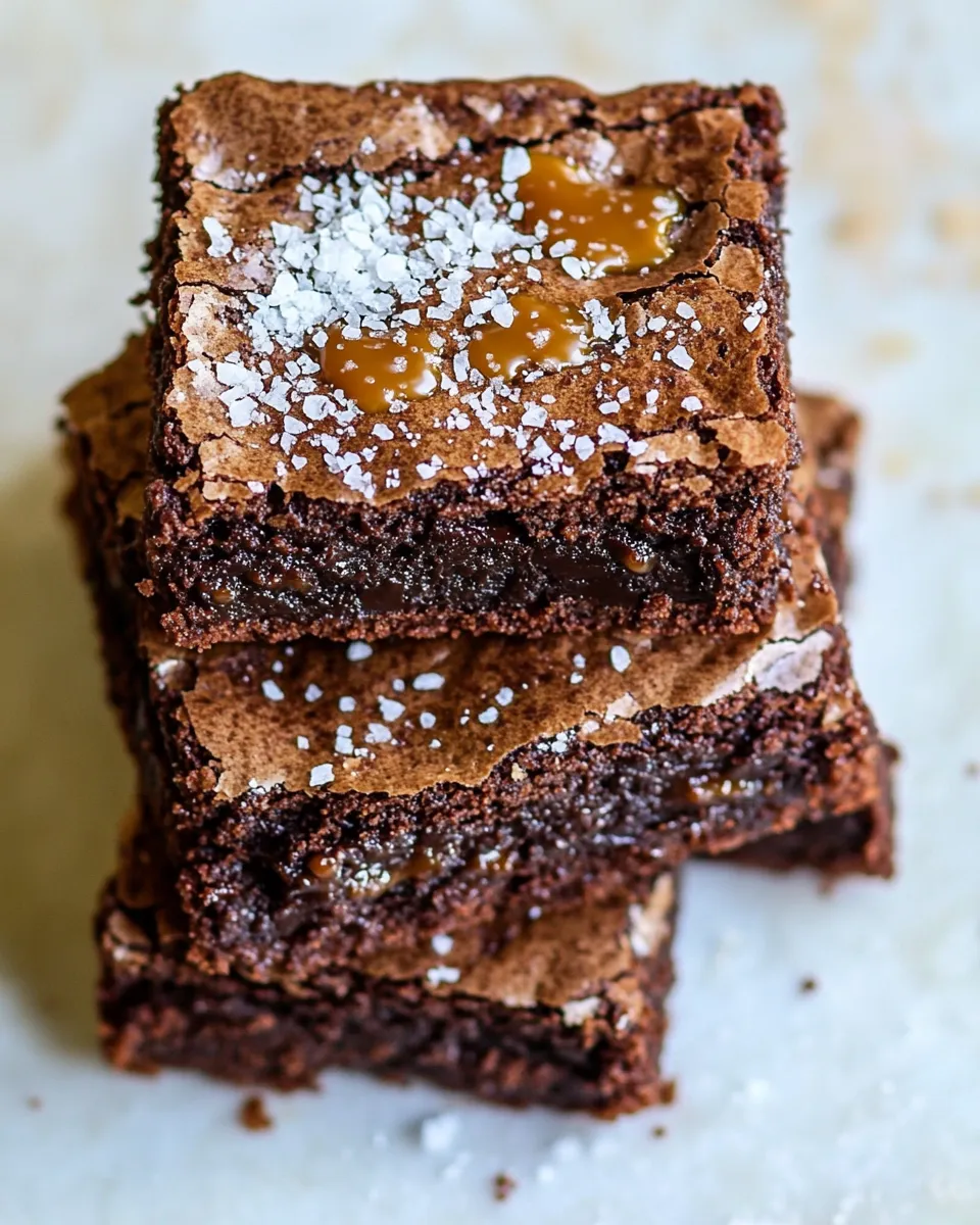 Fresh Salted Caramel and Milk Chocolate Brownies. food shot
