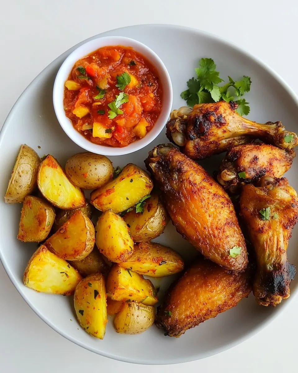 Delicious Baked Chicken Wings, Cajun Roasted Potatoes and Spicy Pineapple Salsa image