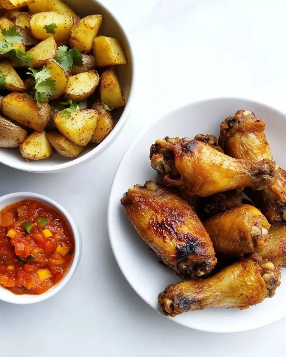 Savory Baked Chicken Wings, Cajun Roasted Potatoes and Spicy Pineapple Salsa shot