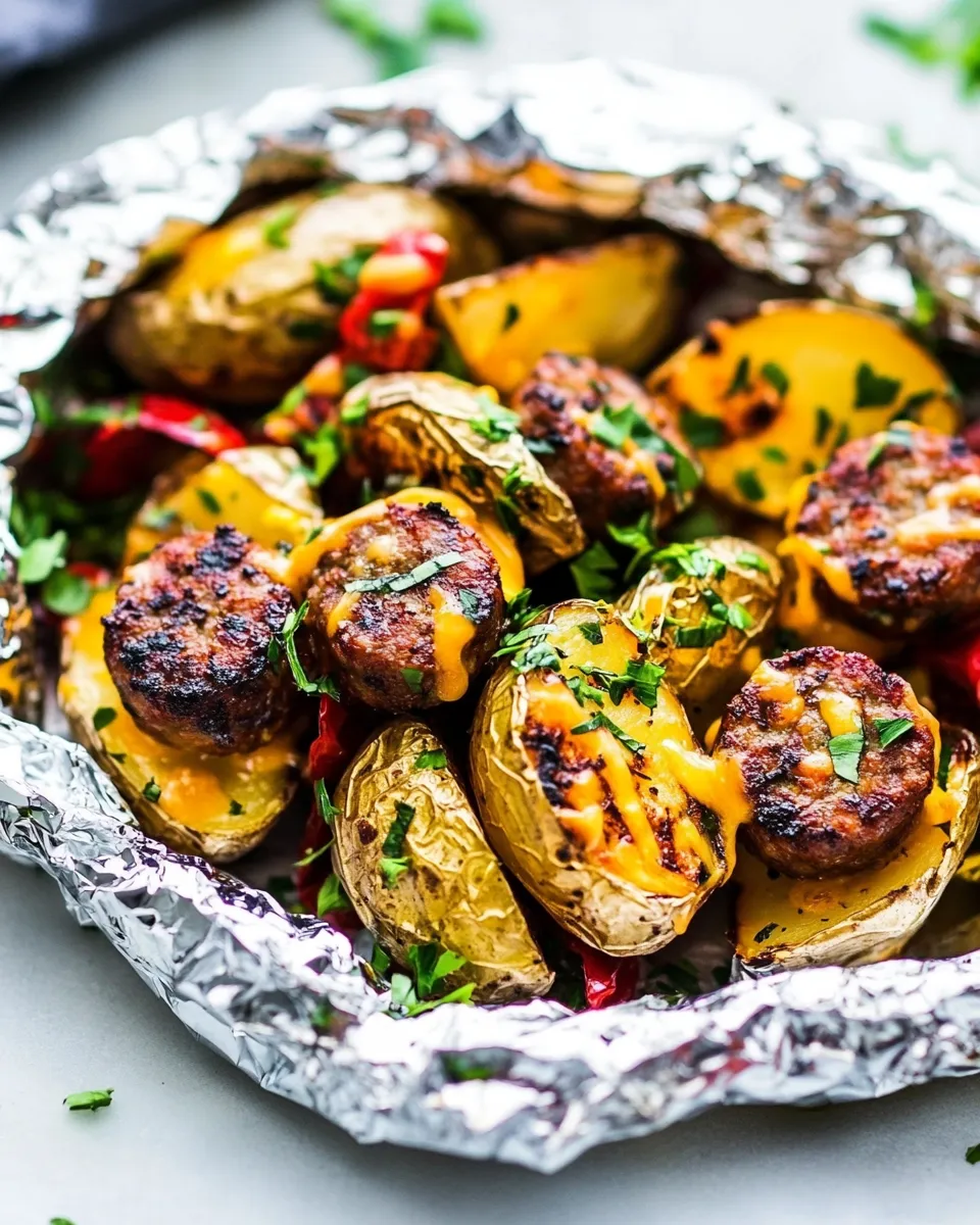 Savory Cheesy Sausage Potato Foil Packets plate image