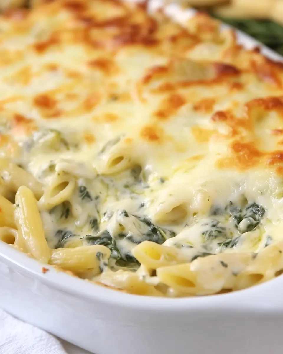Savory Cheesy Spinach Dip Chicken Pasta shot