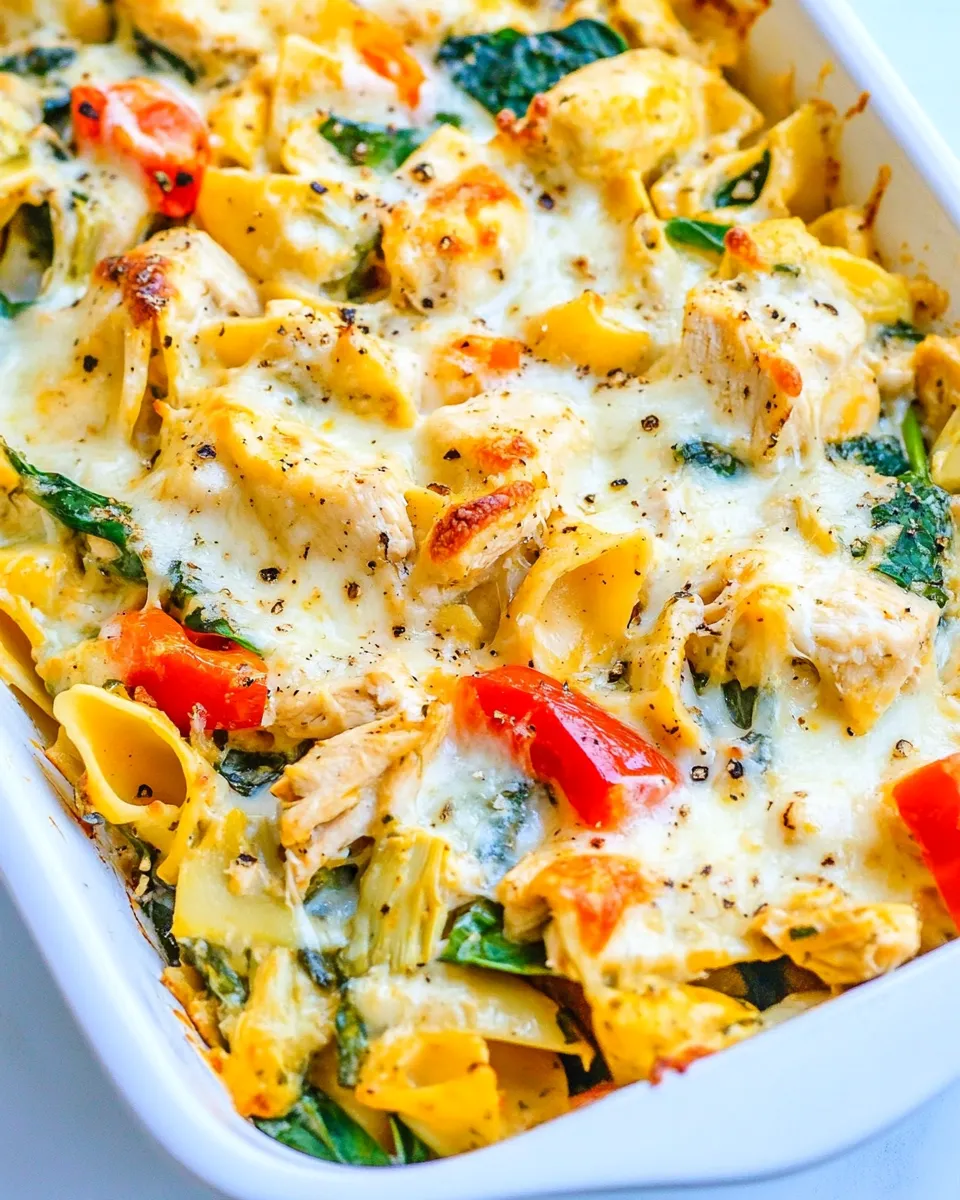 Quick Cheesy Spinach and Artichoke Chicken Pasta shot