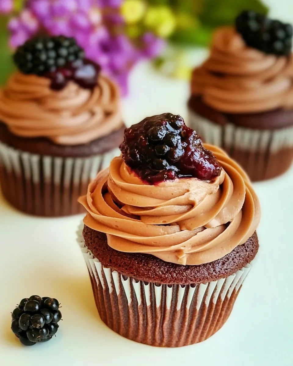Homemade Chocolate Cupcakes with Blackberry Sauce photo