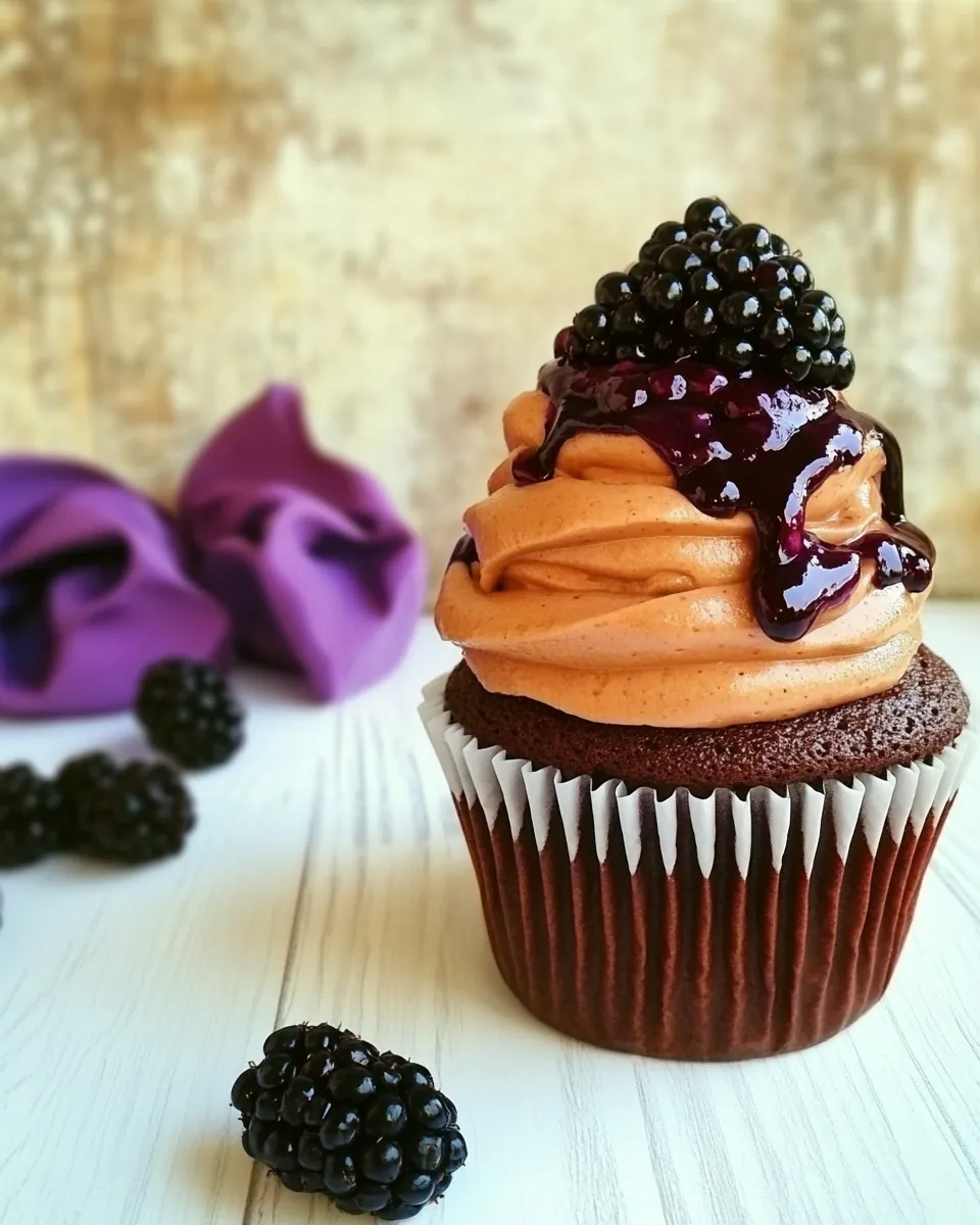 Delicious Chocolate Cupcakes with Blackberry Sauce shot