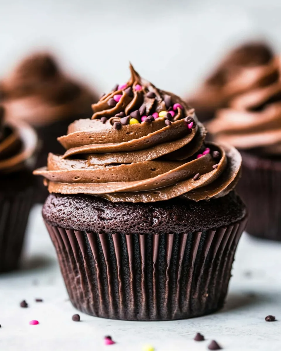 Homemade Chocolate Cupcakes with Chocolate Buttercream Frosting photo