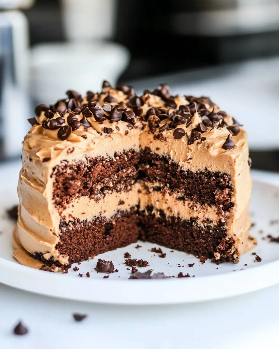 Classic Chocolate Fudge Peanut Butter Cake. food shot