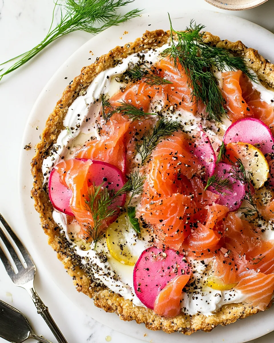 Easy Everything Smoked Salmon Tart. food shot