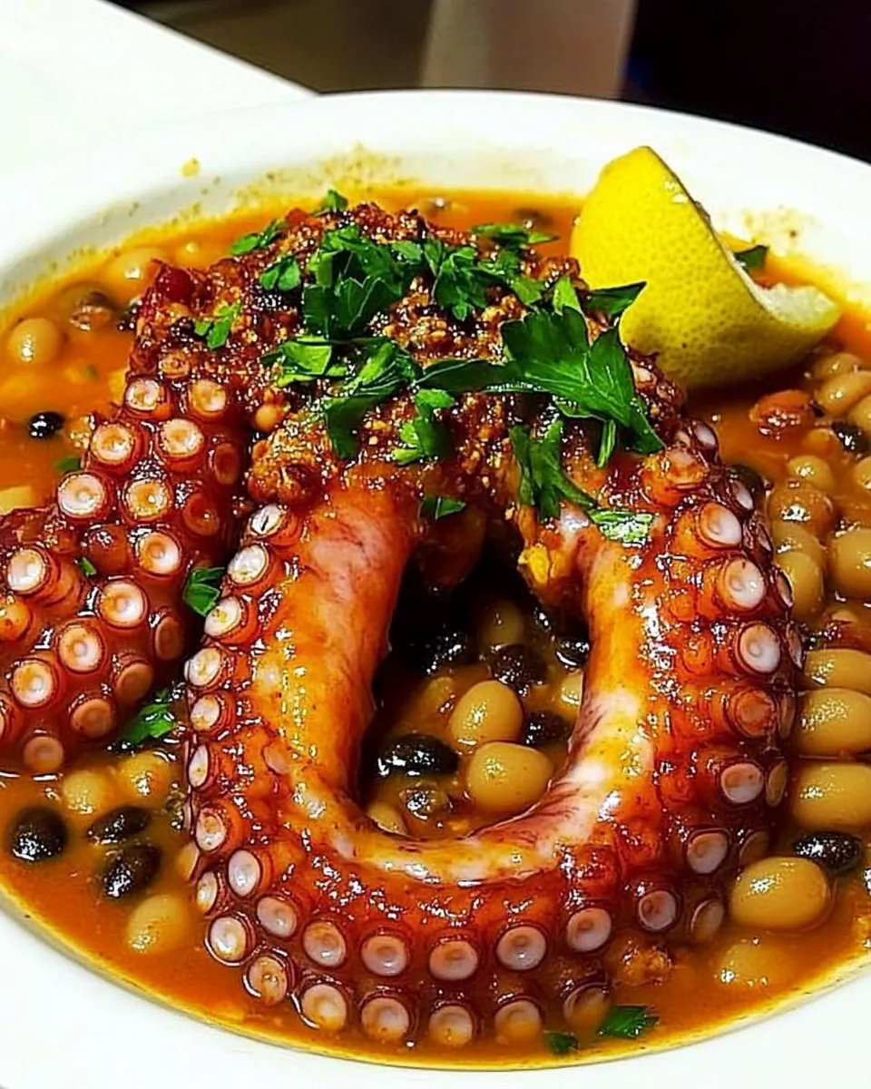 Savory Greek Octopus with Black Eyed Beans shot