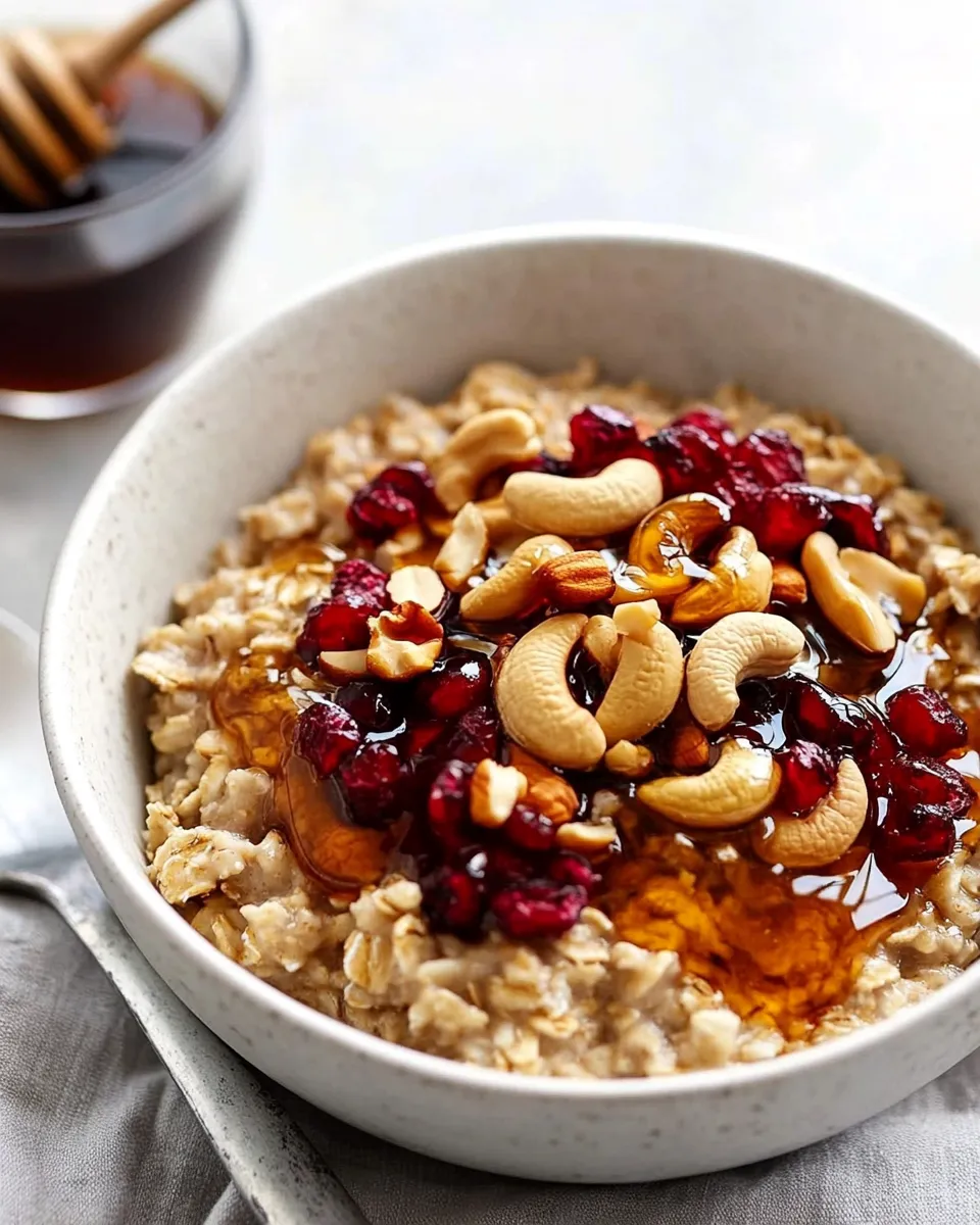 Healthy Homemade Oatmeal with Cashews and Honey shot