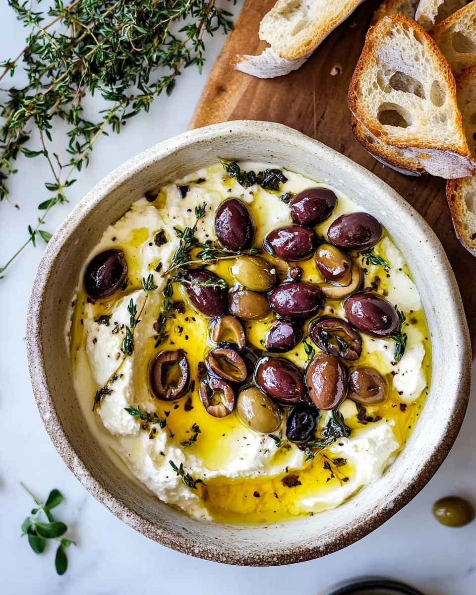Sweet Honey Whipped Feta with Garlic Herb Roasted Olives. food shot