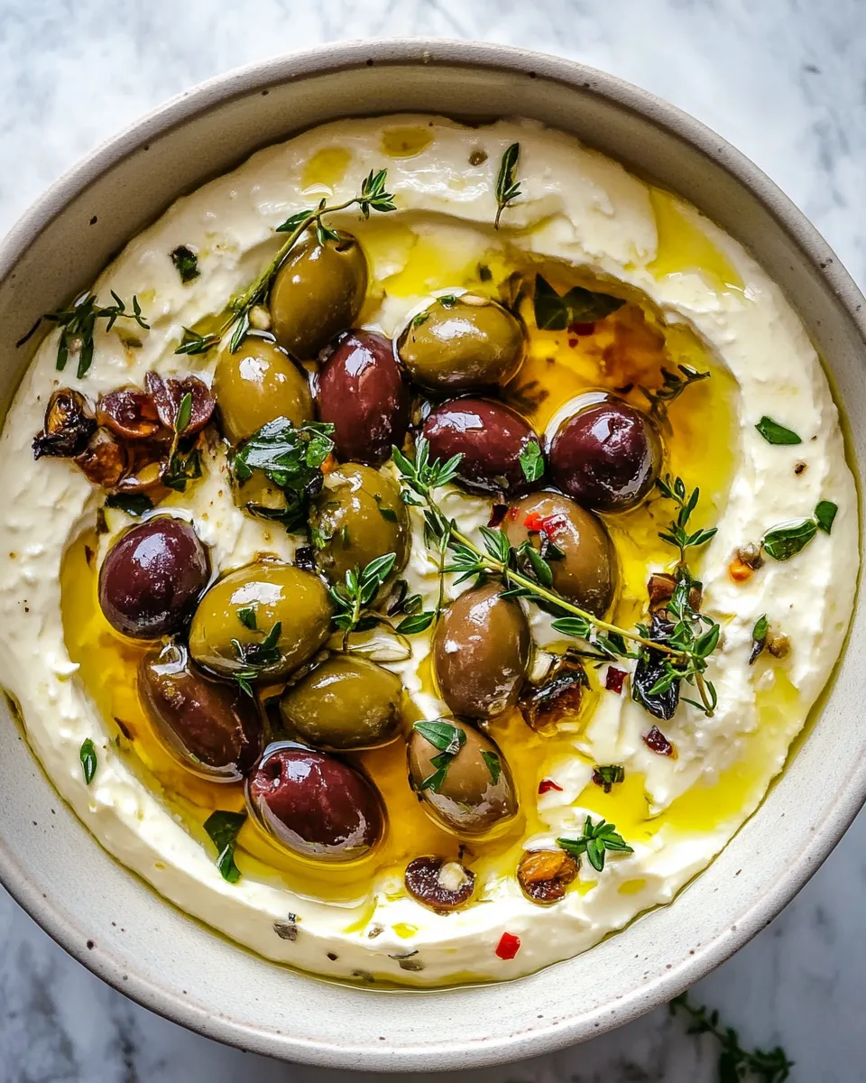 Healthy Honey Whipped Feta with Garlic Herb Roasted Olives. recipe image