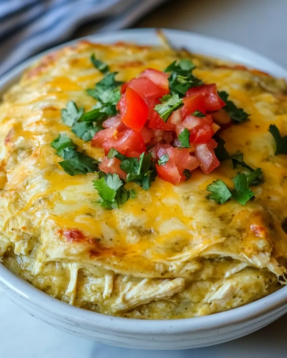 Quick Instant Pot Salsa Verde Chicken Enchilada Casserole dish photo