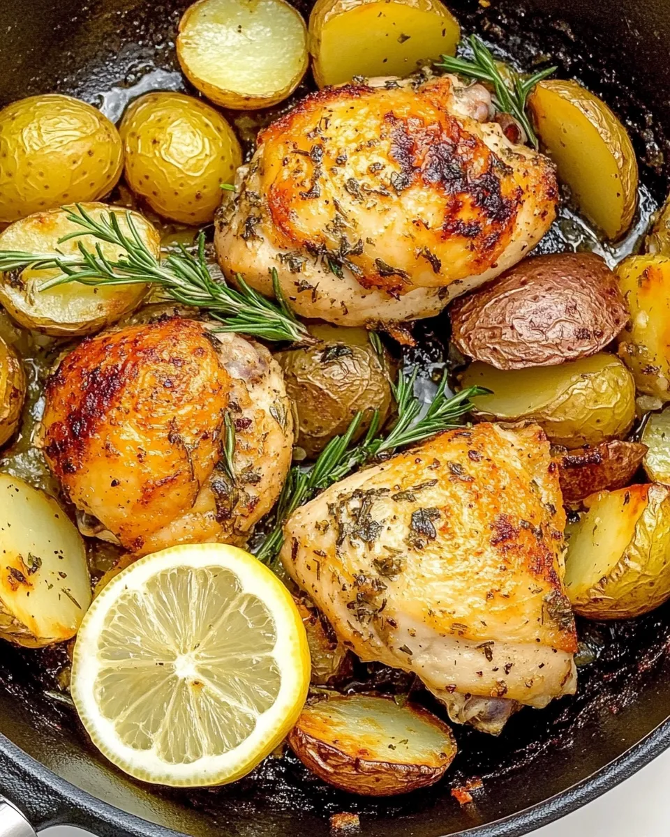 Delicious Lemon Herb Chicken And Potatoes Skillet shot