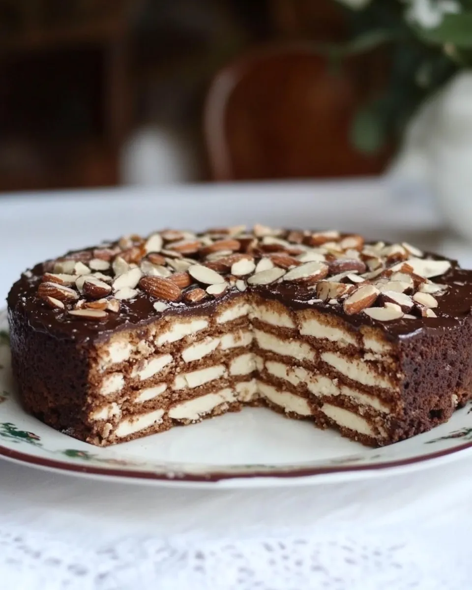 Classic No Bake Chocolate Biscuits Cake w/ Dried Fruit and Almonds image