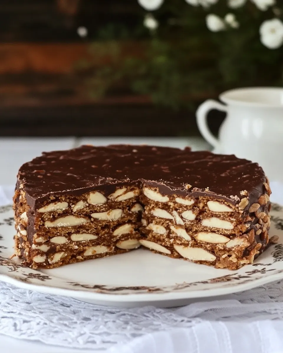 Easy No Bake Chocolate Biscuits Cake w/ Dried Fruit and Almonds shot