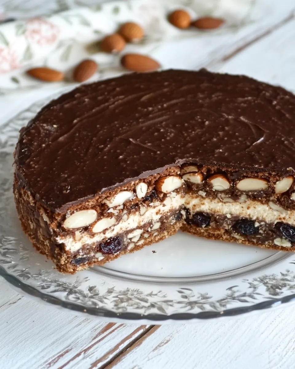 Delicious No Bake Chocolate Biscuits Cake w/ Dried Fruit and Almonds recipe photo