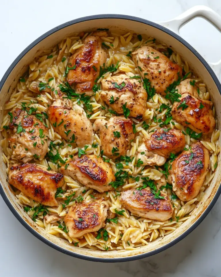 Healthy One Pot Garlic Butter Chicken Orzo. food shot