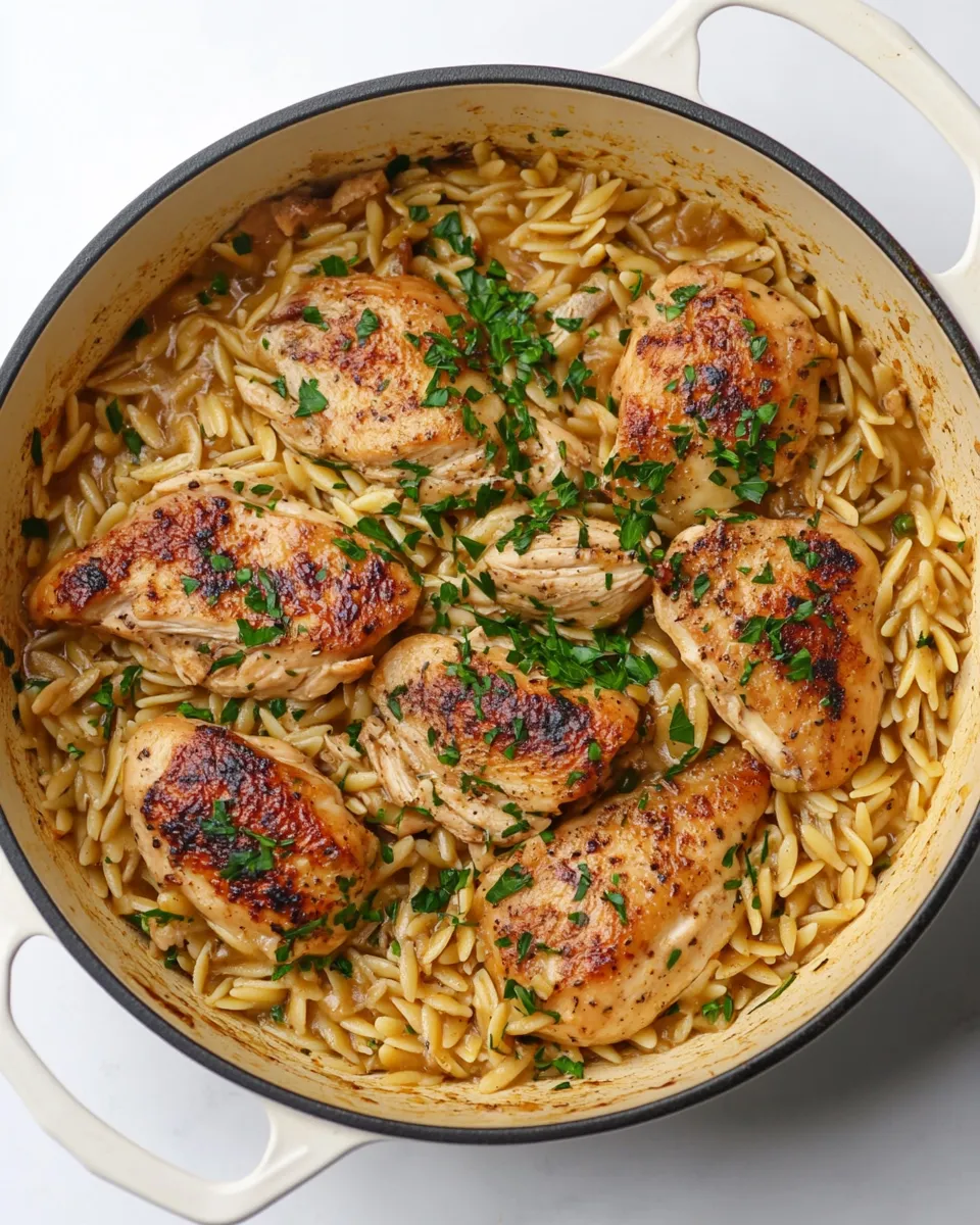 Fresh One Pot Garlic Butter Chicken Orzo. photo