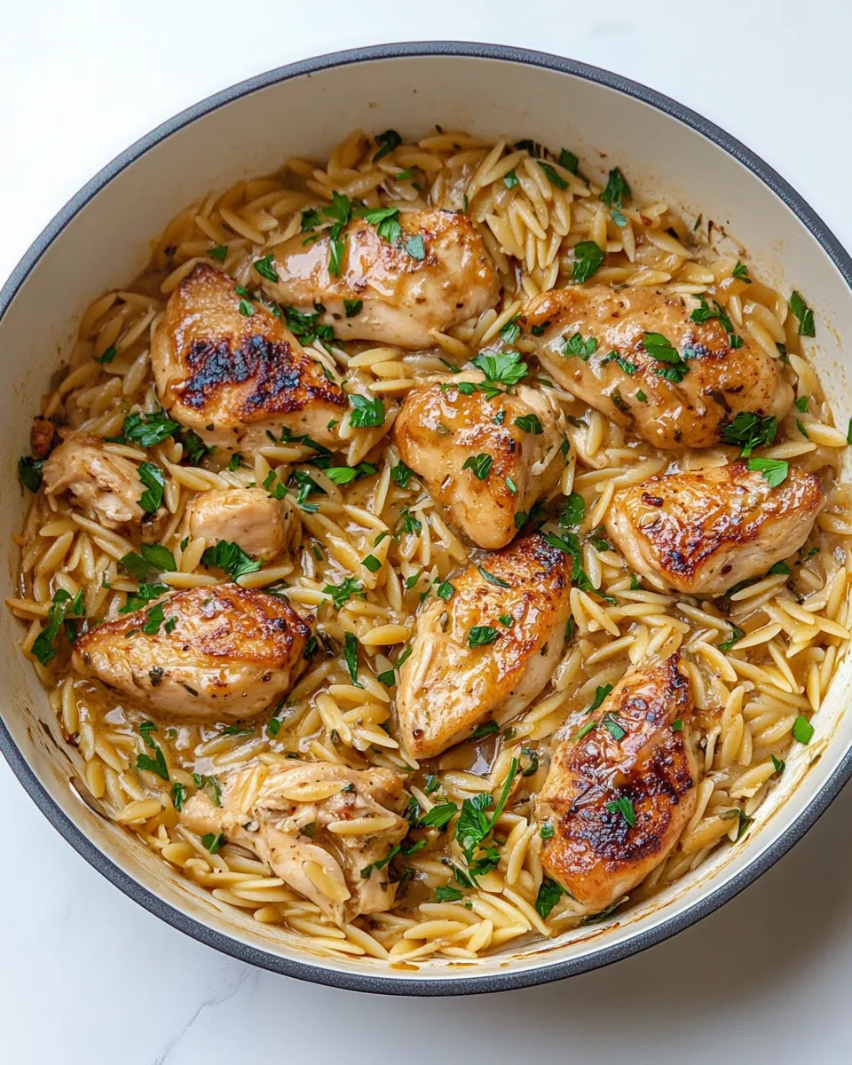 Best One Pot Garlic Butter Chicken Orzo. food shot