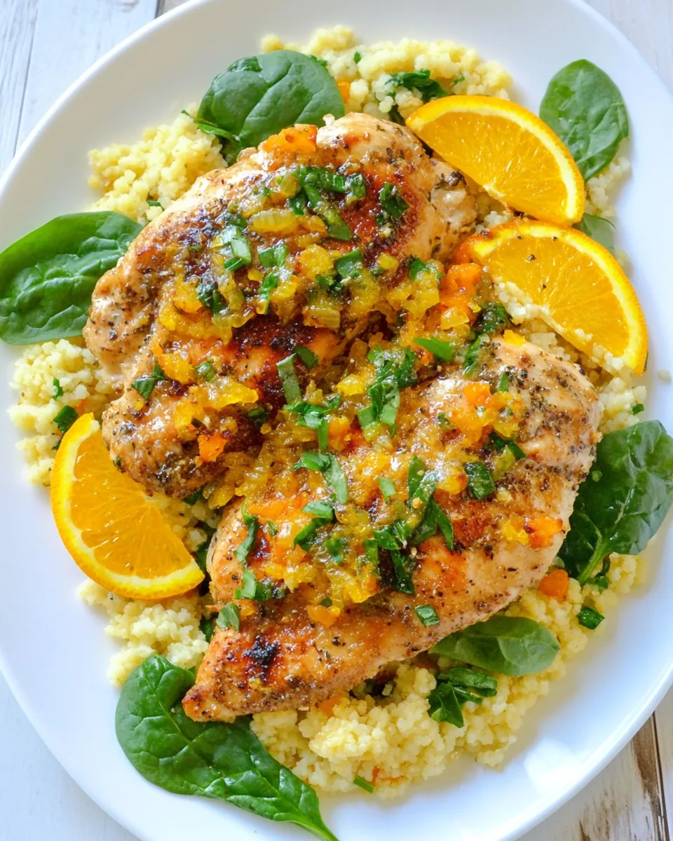 Delicious Orange Scallion Chicken with Spinach and Couscous image