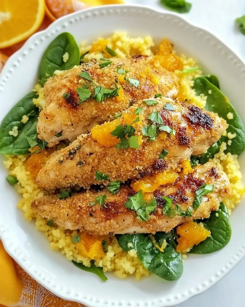 Healthy Orange Scallion Chicken with Spinach and Couscous dish photo