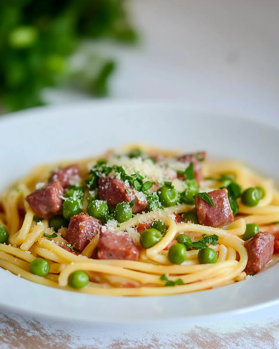 Delicious PASTA WITH PEAS AND KIELBASA shot