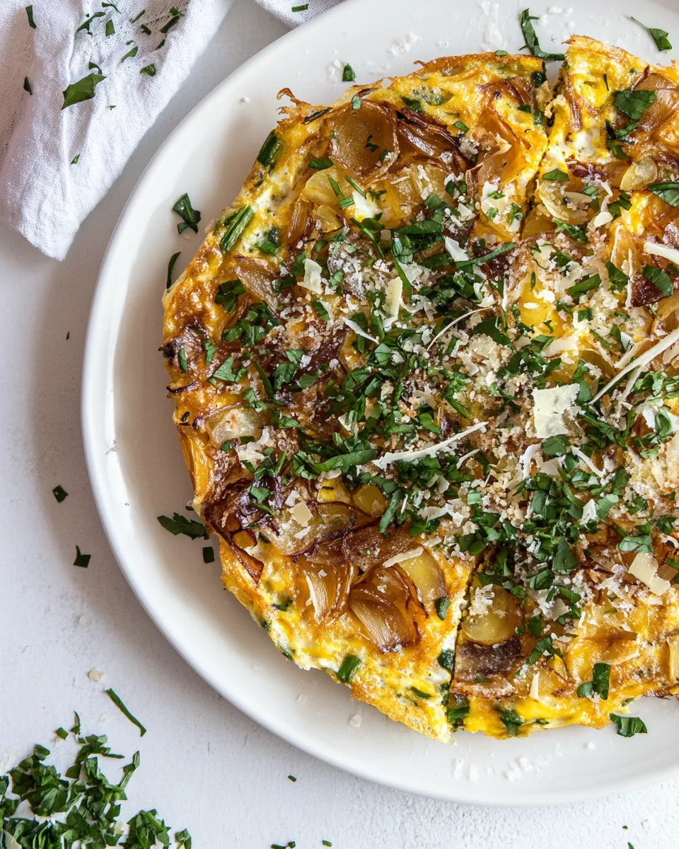 Simple Potato Chip Frittata with Caramelized Onions. food shot