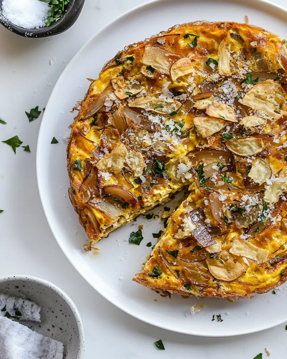 Savory Potato Chip Frittata with Caramelized Onions. shot