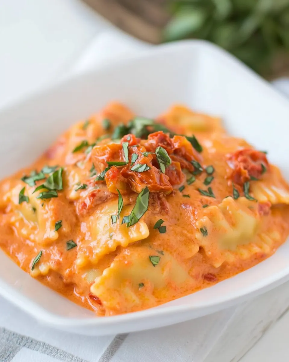 Delicious Ravioli with Creamy Sun-dried Tomato and Basil Sauce shot