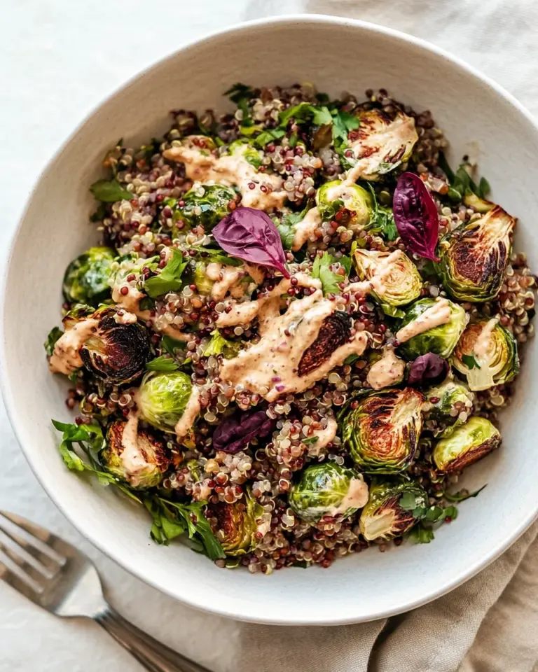 Homemade Roasted Brussels Sprouts, Quinoa & Lentil Salad with Spicy Caesar Dressing photo