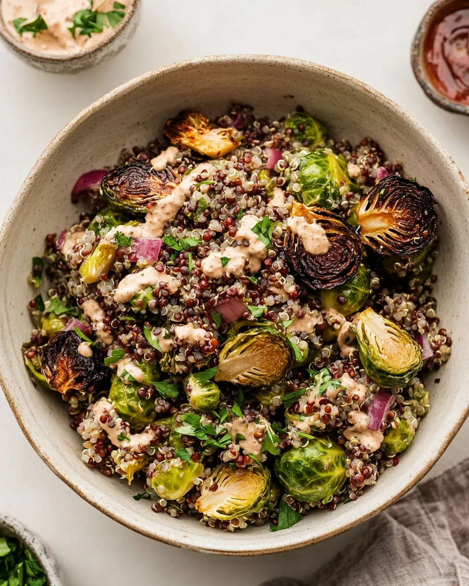 Healthy Roasted Brussels Sprouts, Quinoa & Lentil Salad with Spicy Caesar Dressing recipe photo