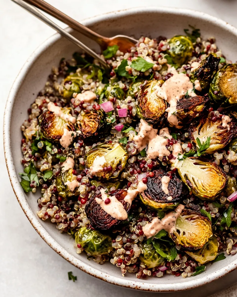 Easy Roasted Brussels Sprouts, Quinoa & Lentil Salad with Spicy Caesar Dressing shot