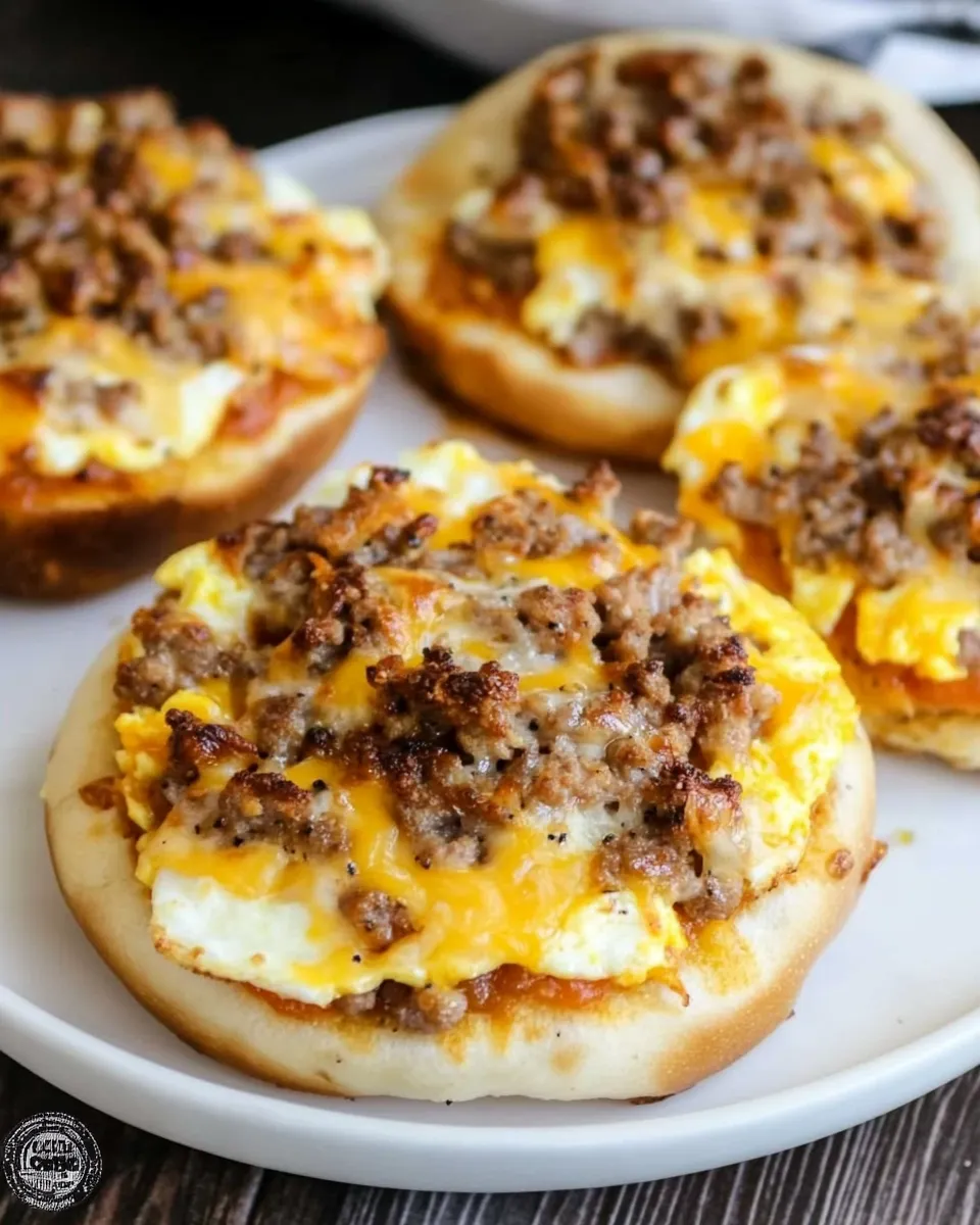 Homemade Sausage, Egg & Cheese Bagel Pizzas recipe photo