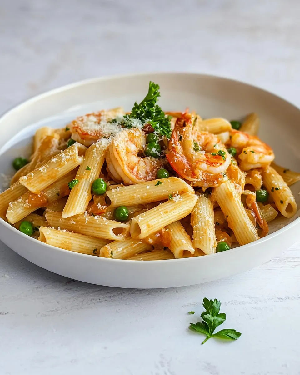 Delicious Shrimp and Pea Rigatoni shot