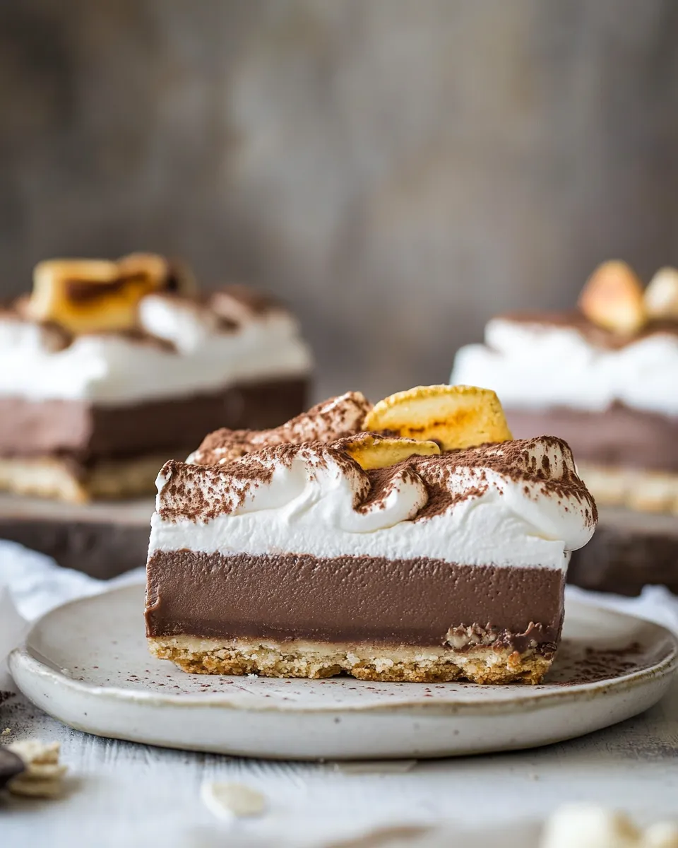 Delicious Smores Chocolate Mousse Bars. food shot