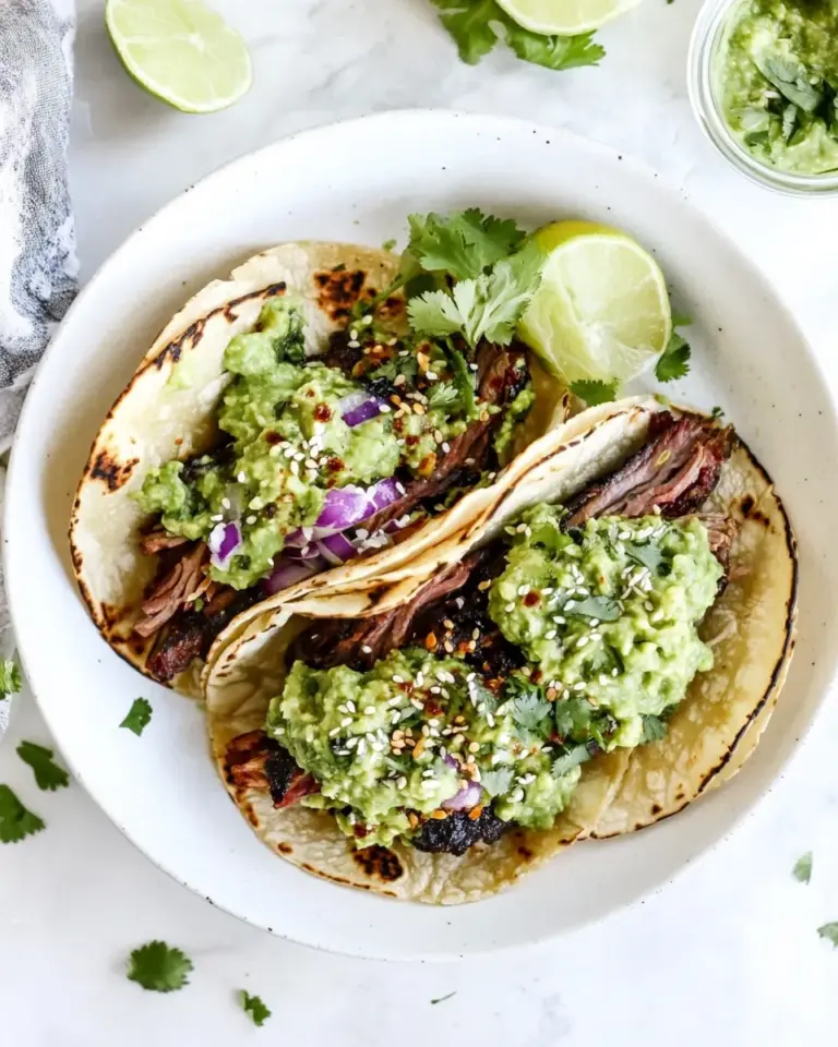 Savory Sweet and Spicy Short Rib Tacos with Sesame Guacamole. recipe photo