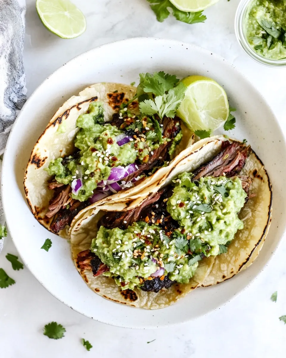 Savory Sweet and Spicy Short Rib Tacos with Sesame Guacamole. recipe photo