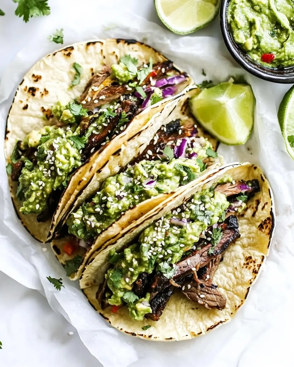 Best Sweet and Spicy Short Rib Tacos with Sesame Guacamole. dish image