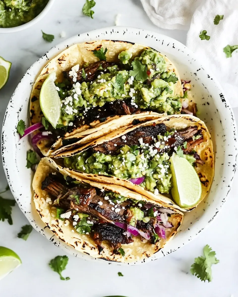 Classic Sweet and Spicy Short Rib Tacos with Sesame Guacamole. dish image