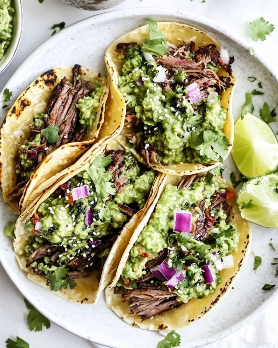 Savory Sweet and Spicy Short Rib Tacos with Sesame Guacamole. photo