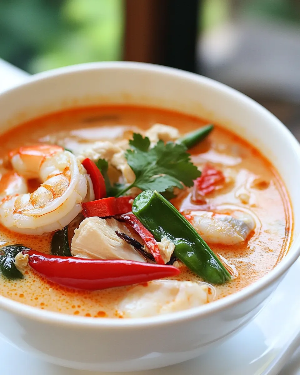 Delicious Thai Coconut Soup With Chicken And Shrimp shot