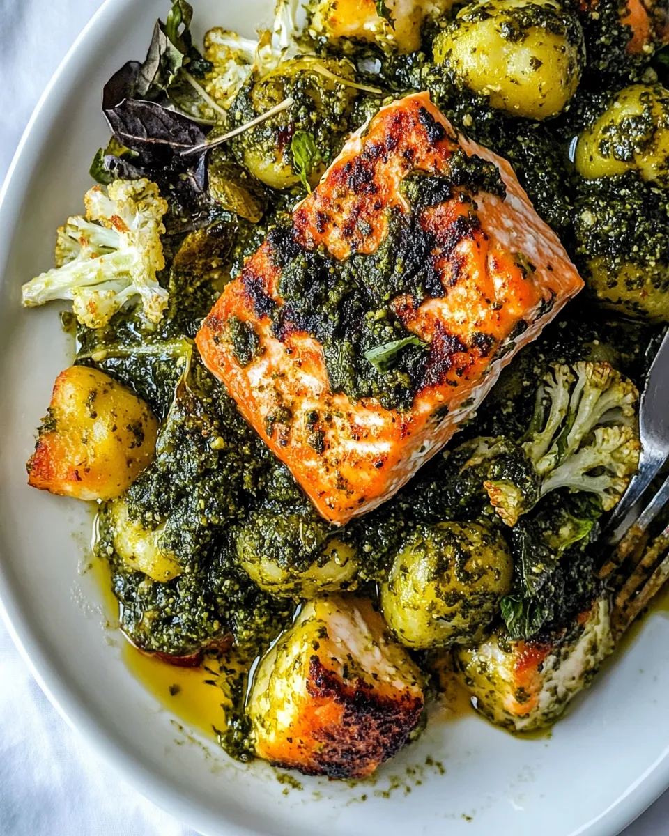 Quick Trader Joes Cauliflower Gnocchi with Pesto Salmon shot