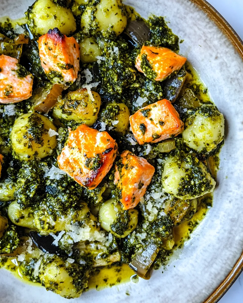 Healthy Trader Joes Cauliflower Gnocchi with Pesto Salmon recipe photo