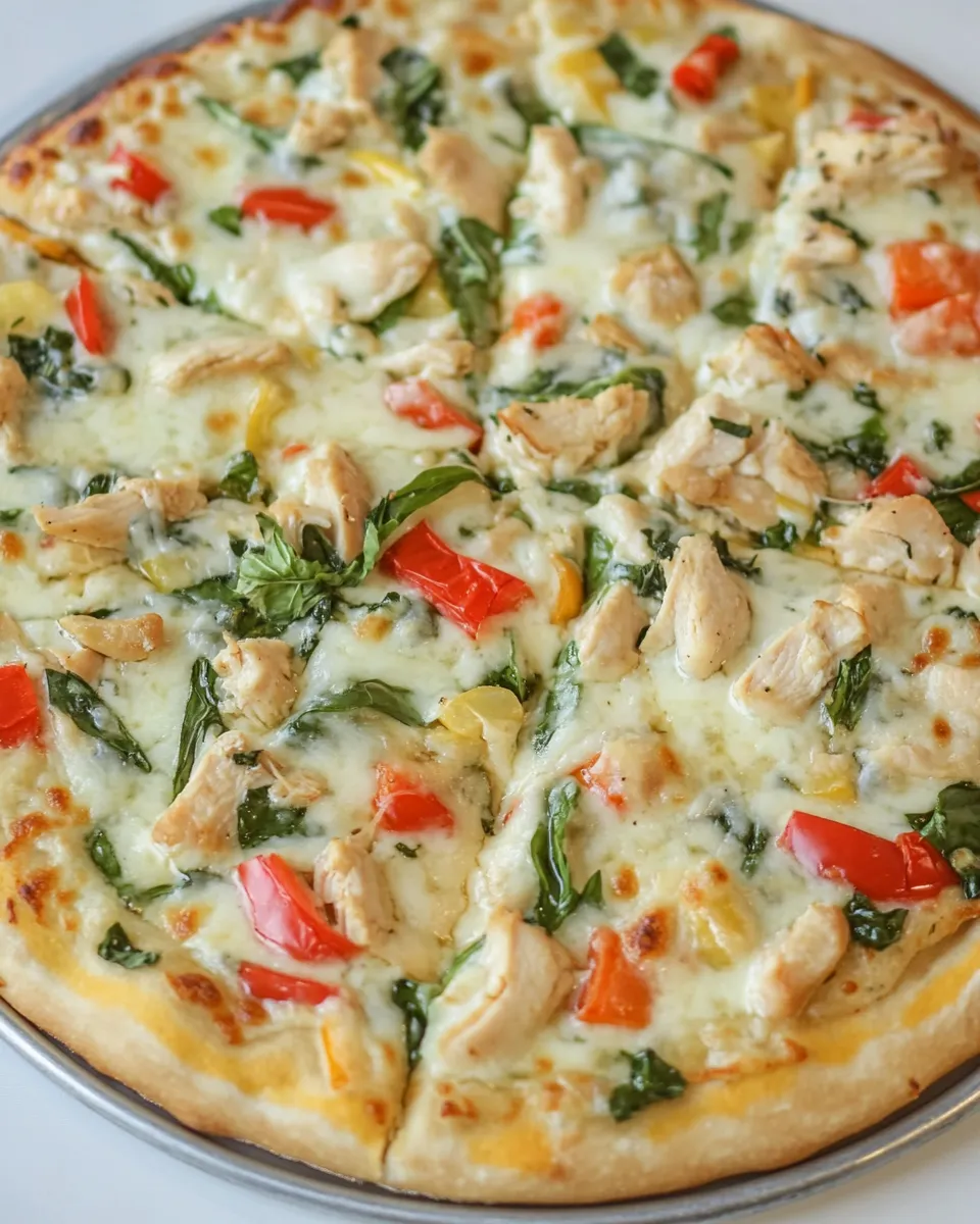 Homemade White Garlic Chicken and Vegetable Pizza photo