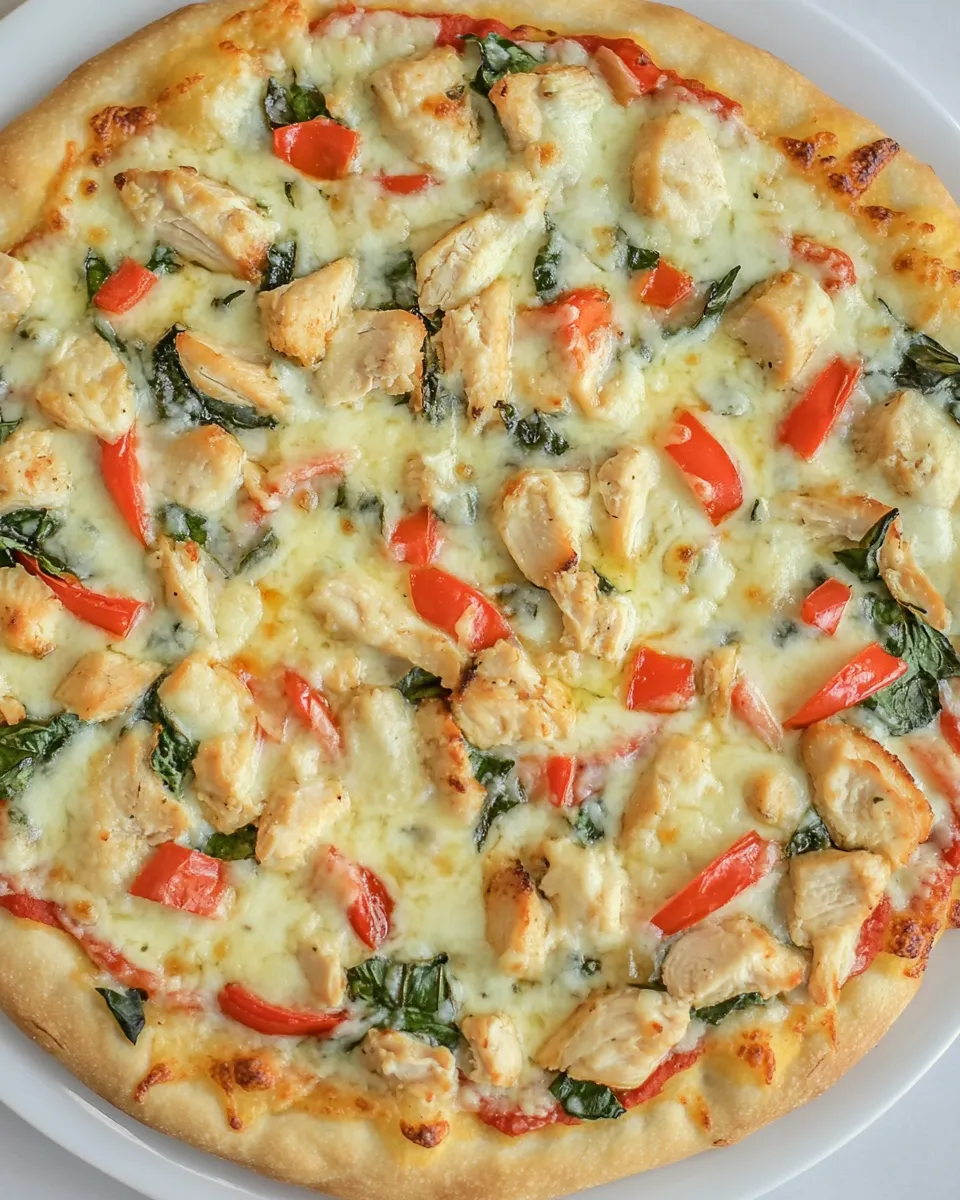 Delicious White Garlic Chicken and Vegetable Pizza shot