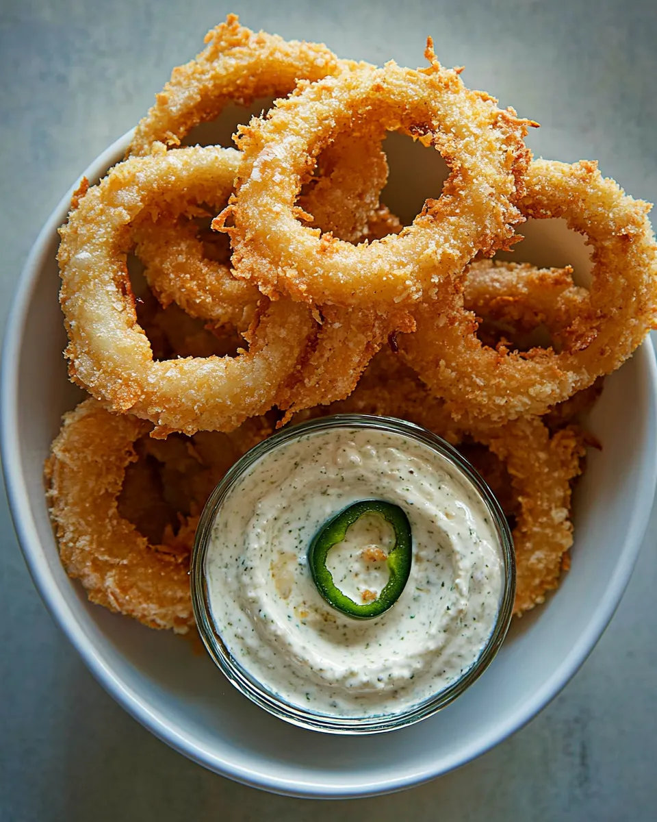 Homemade crispy oven roasted onion rings with a jalepeno dip photo