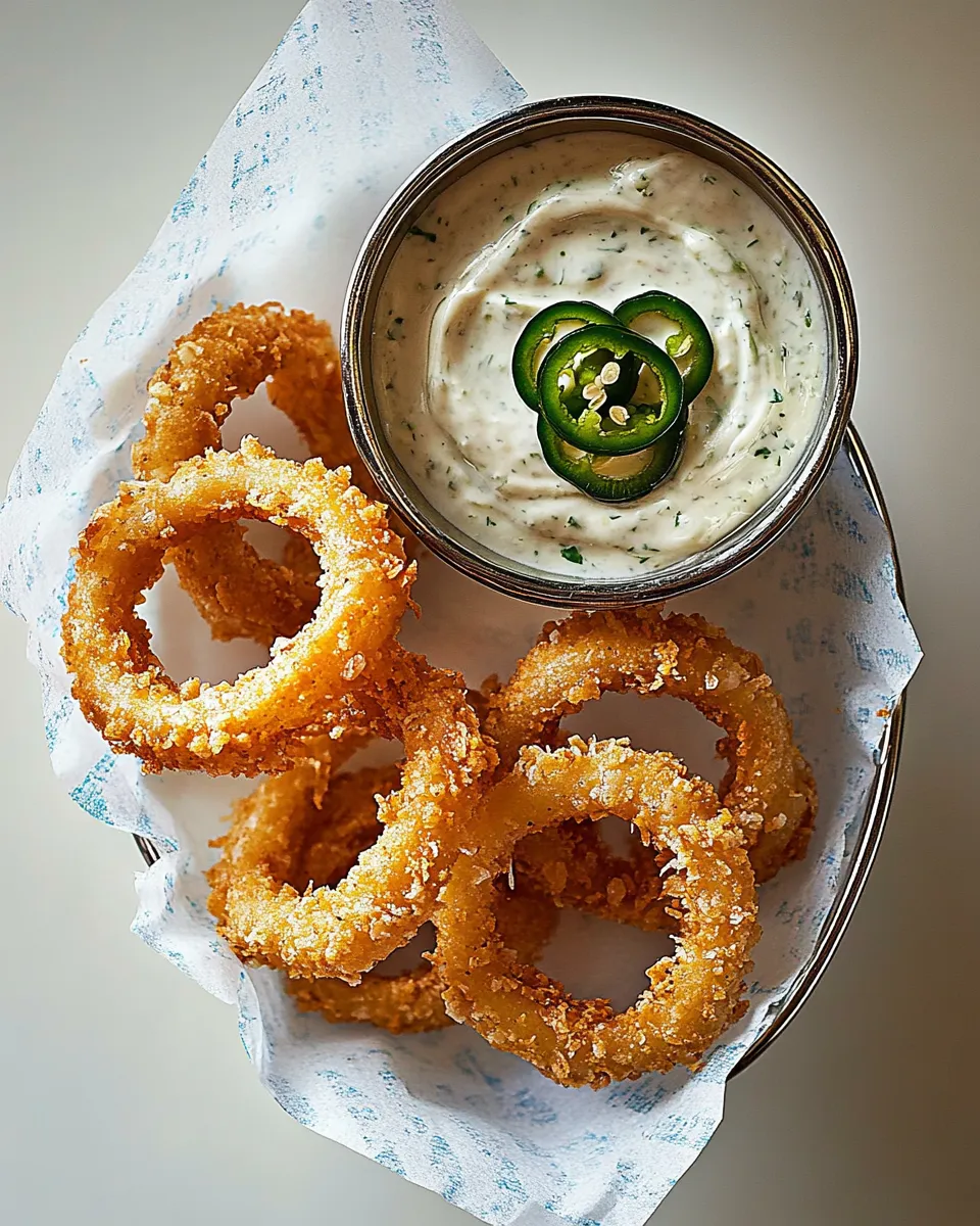 Classic crispy oven roasted onion rings with a jalepeno dip image