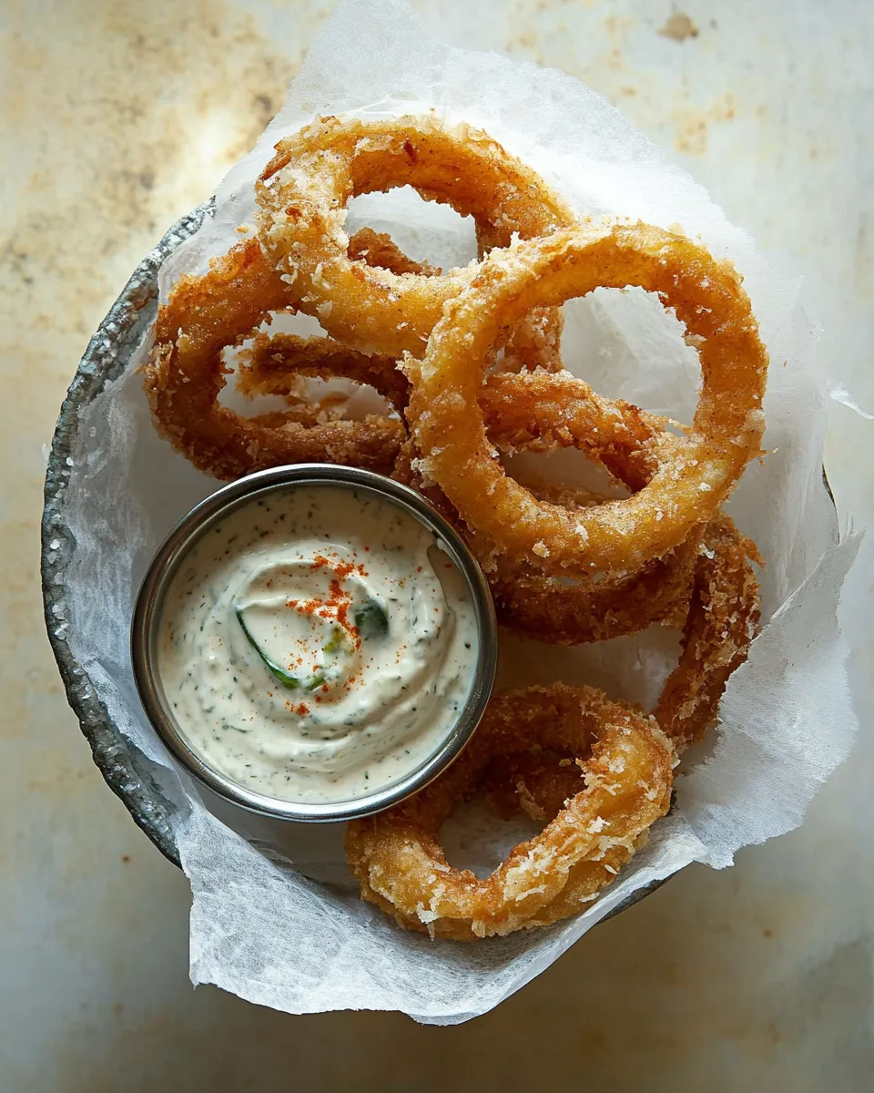 Easy crispy oven roasted onion rings with a jalepeno dip recipe photo