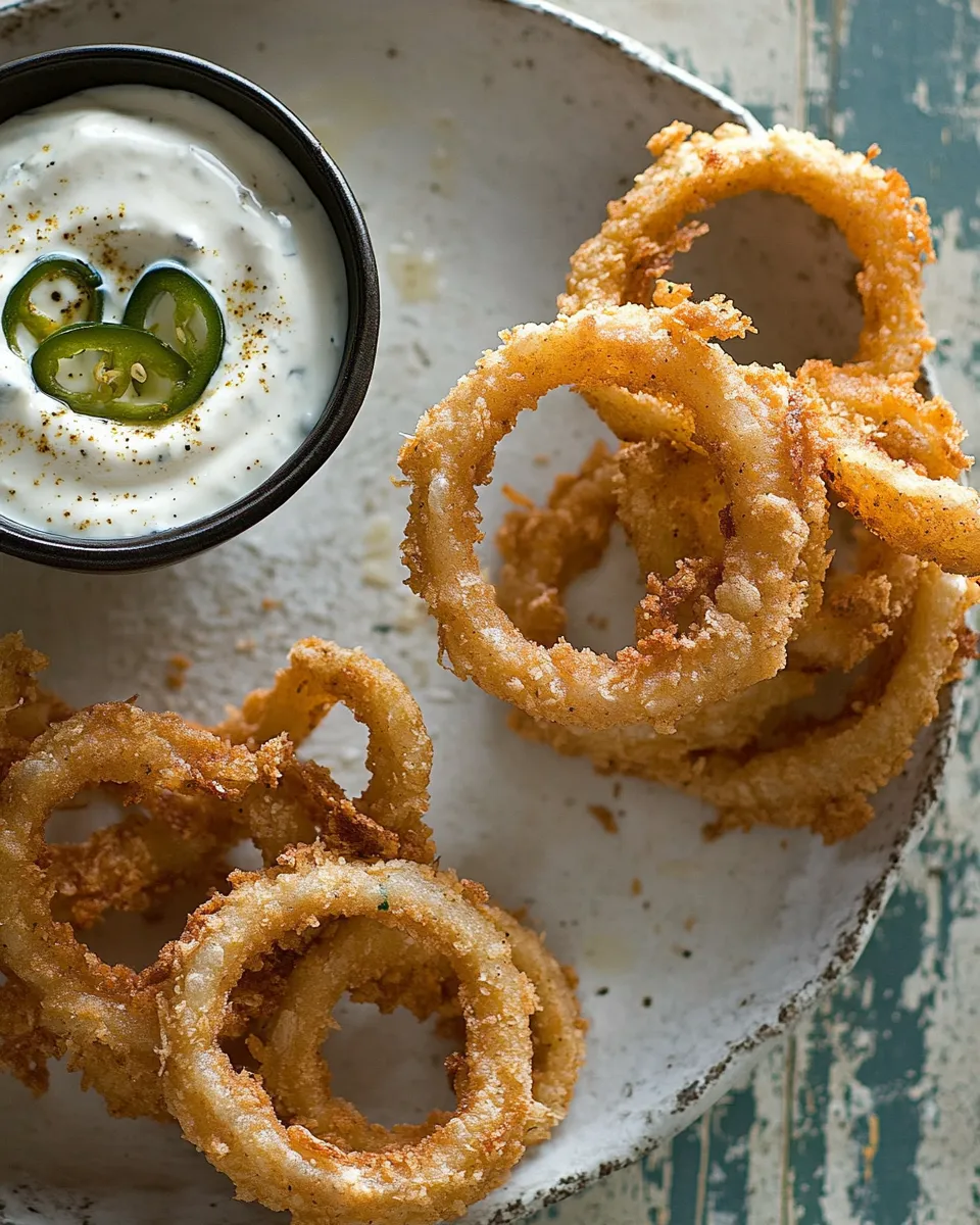 Delicious crispy oven roasted onion rings with a jalepeno dip shot